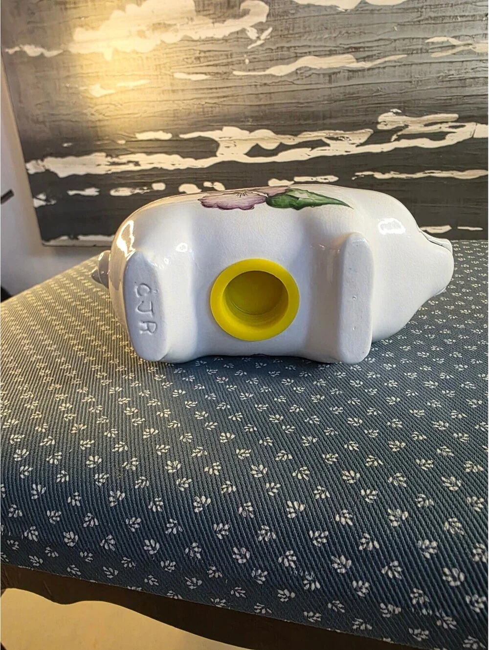Signed Hand-Painted Ceramic Piggy Bank Purple Pansy Flowers Studio Pottery